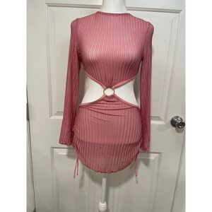 NEW Lilosy Pink Triangle Thong Tie Bikini Set Sexy Mesh Sheer Cover Up Lace Up S